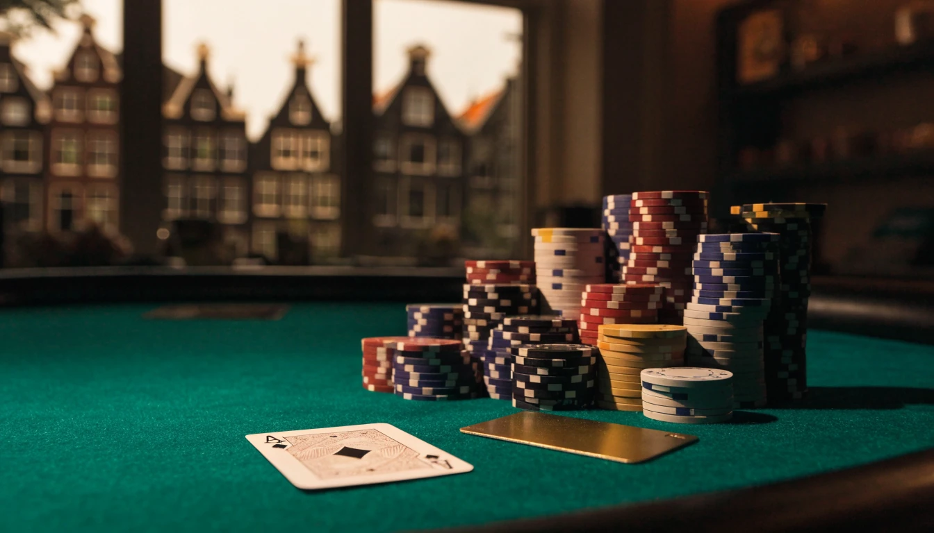 Casinochips en een betaalkaart op een speeltafel met Amsterdamse grachtenpanden op de achtergrond