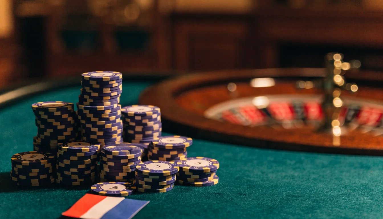 Casino tafel met fiches en roulette wiel, sfeervol verlicht
