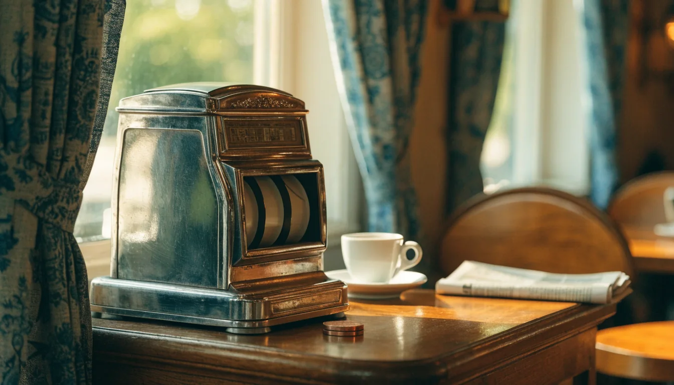 Vintage gokautomaat in een warm Nederlands café met Delft-blauwe gordijnen