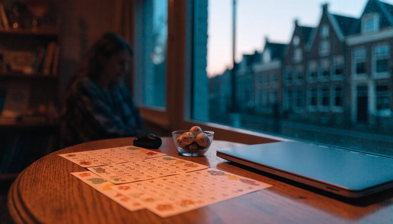 Bingokaarten en een laptop op tafel in een Nederlands huis