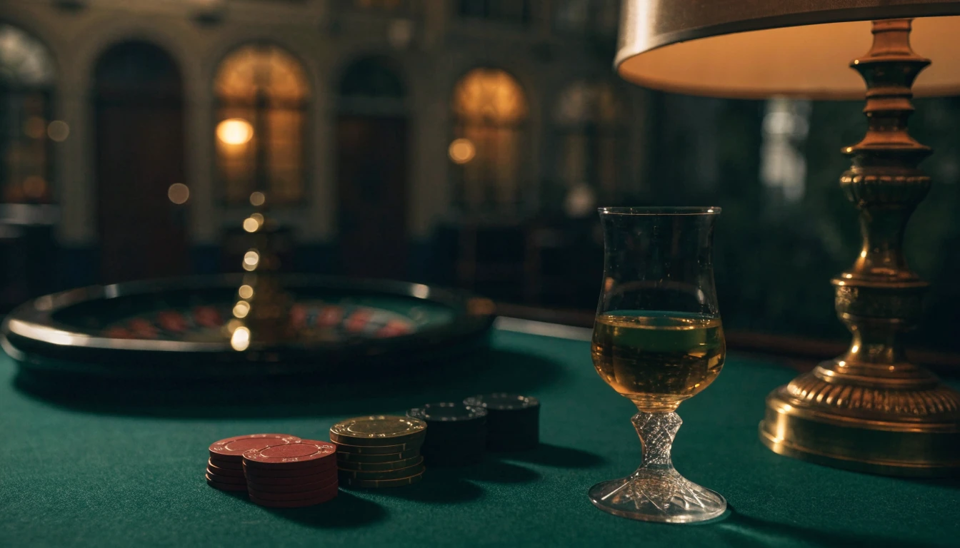 Sfeervol tafereel met casinofiches en roulettewiel in een donkere Hollandse setting